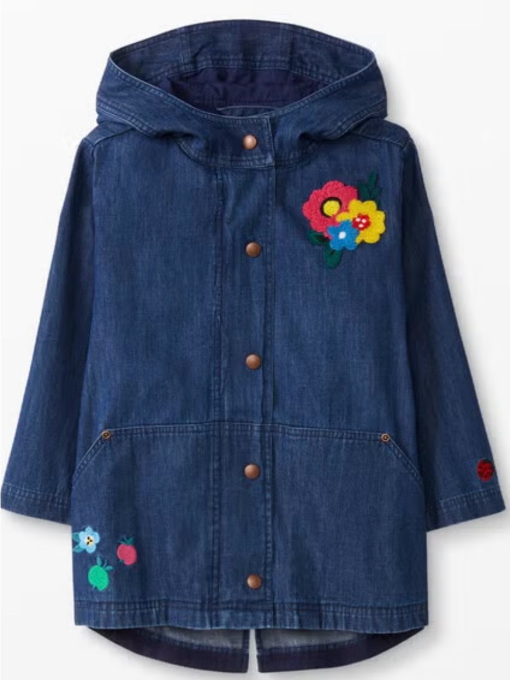 Hanna Andersson Navy Hooded Denim Jacket with Floral & Fruit Patches
